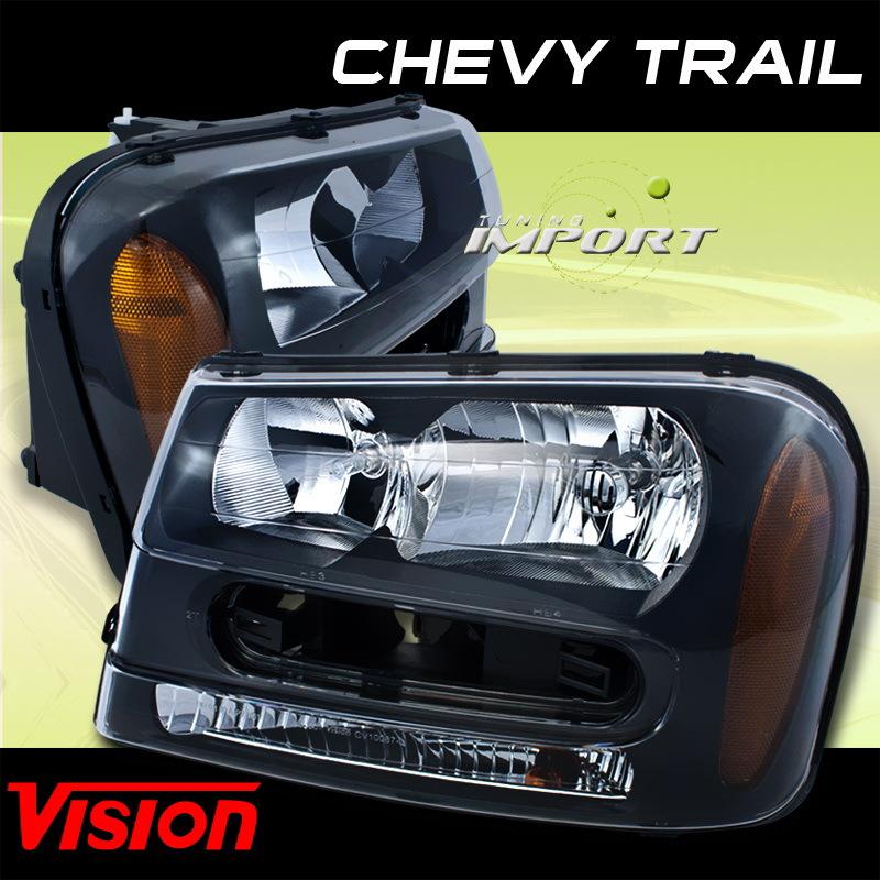 2002-2008 chevy trailblazer trail blazer vision black pair headlight headlights 