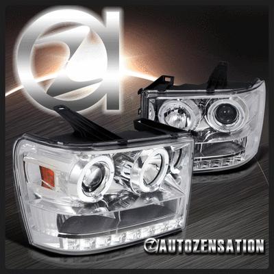 07-13 gmc sierra 1500/2500 hd denali chrome halo led projector headlights