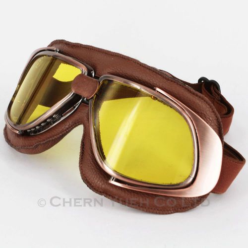 Motorcycle steampunk vintage hemlet aviator eyewear brown goggles uv yellow lens