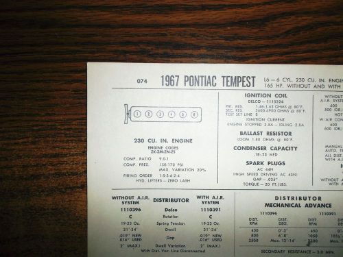 1967 pontiac tempest six series models 1965hp 230 ci l6 1bbl tune up chart