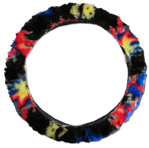 Black car truck suv universal steering wheel cover faux fur w/ red yellow blue