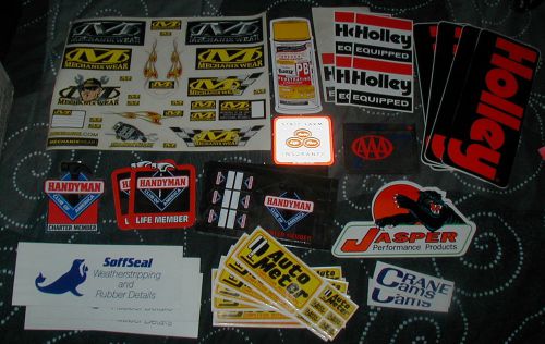 Lot of racing decals, holley crane cams auto meter soffseal jasper car stickers