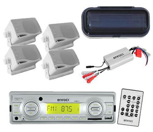 Indash marine mp3 cd usb am fm receiver remote and 4 box speakers boat amp cover