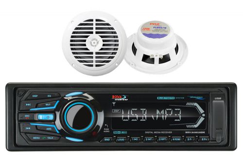 2 white 6.5&#034; 120w marine speakers &amp; boss marine bluetooth usb ipod sd aux radio