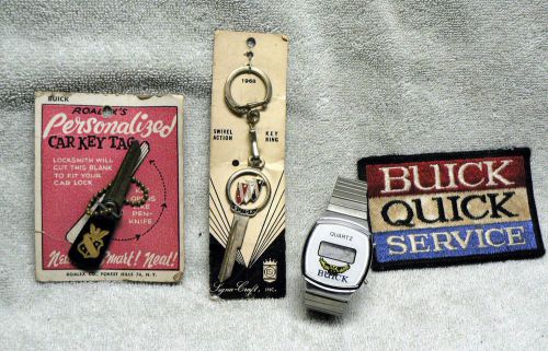 Two vintage buick key blanks + quick service mechanic patch &amp; wrist watch 1968