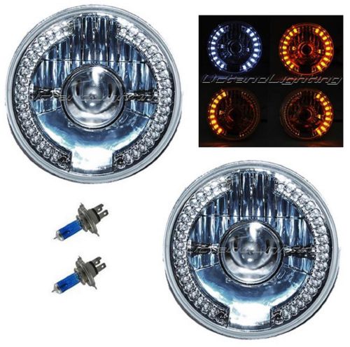 7&#034; projector h4 headlights white led halo angel eye drl amber turn signal pair