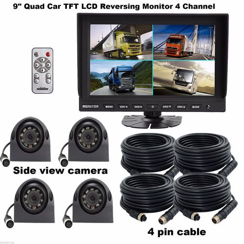 9&#034; quad monitor + 4x metal case 4pin side view reversing ccd camera night vision