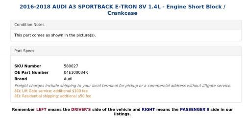 2016-2018 audi a3 sportback e-tron 8v 1.4l - engine short block / crankcase