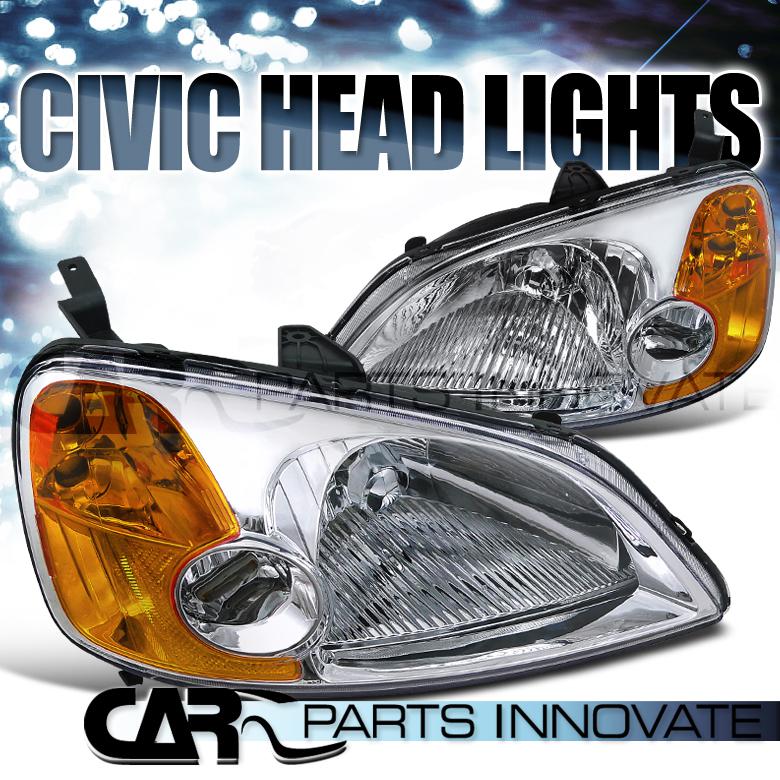 Honda 01-03 civic 2/4dr coupe sedan chrome crystal head lights lamps+amber