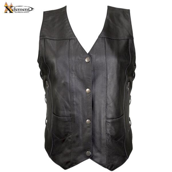 Real leather 10 pocket womens motorcycle biker vest black xelement cowhide new