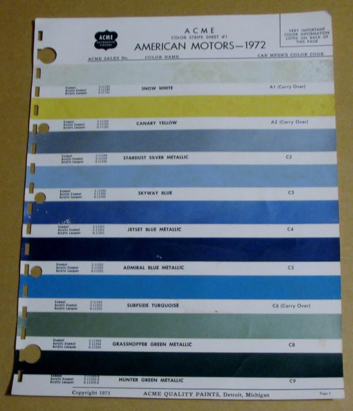 American motors 1972 paint chip color stripe sheet sample chart