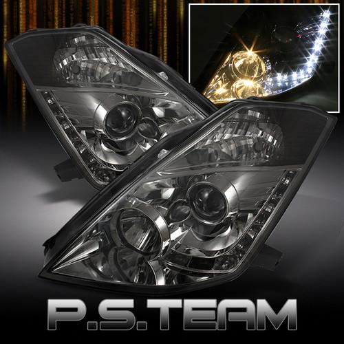 Smoked 03-05 nissan 350z z33 drl led strip projector headlights *fit hid-d2r*