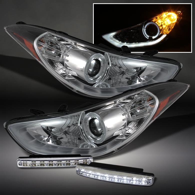 Fit 11-13 elantra led tube clean halo projector headlights w/corner+daytime lamp