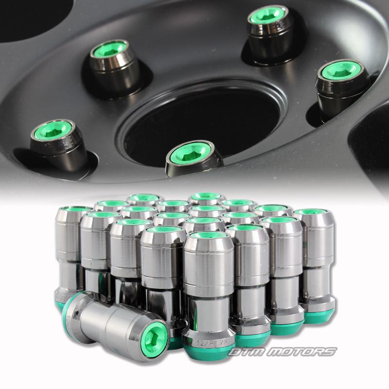 M12 x 1.25mm thread pitch 1.9" long wheel rim lug nuts - 20pc gunmetal / green