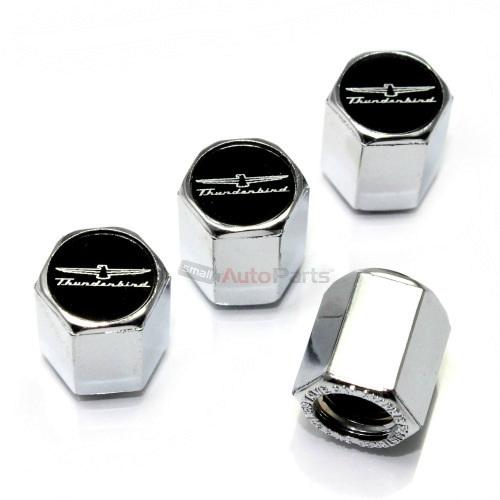 (4) ford thunderbird black logo chrome abs car tire/wheel stem valve caps covers