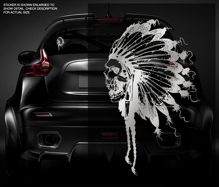 Native american skull decal metallic silver 5"x3.1" vinyl car window sticker zu1