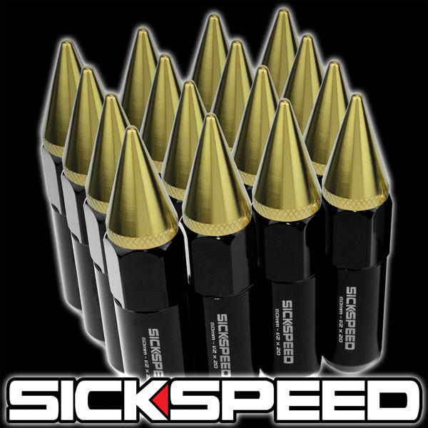 16 black/24k gold spiked 60mm aluminum extended tuner lug nuts wheel 1/2x20 a