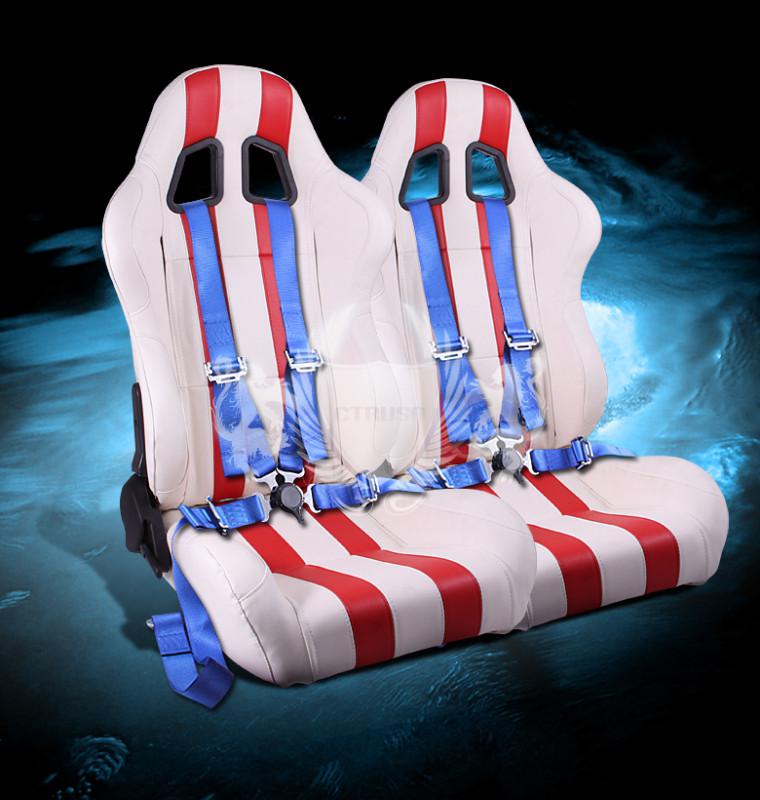 2x jdm f1 white/red stripe pvc racing bucket seat +4-pt blue camlock safety