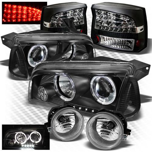 06-08 charger black pro headlights set + led perform tail lights + fog lights