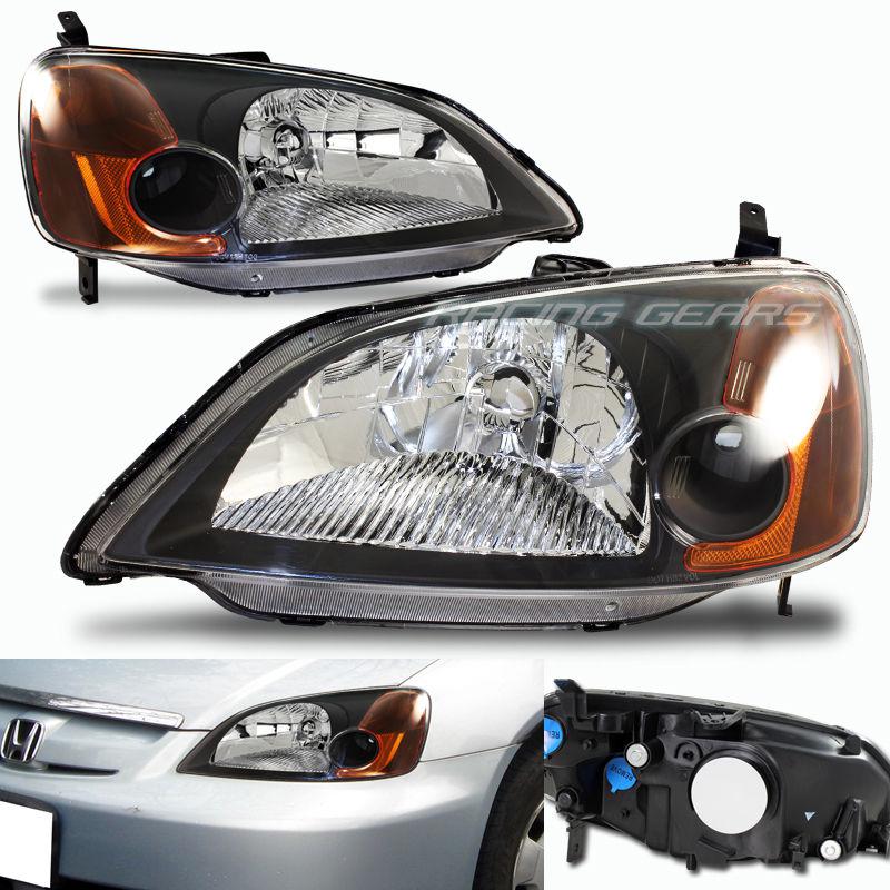 01-03 honda civic jdm black housing clear lens amber reflector headlight lamps