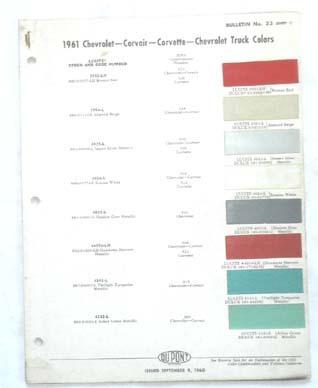 1961 chevrolet dupont   color paint chip chart all models original 