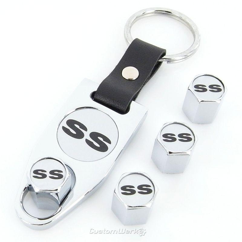 Chevy ss silver logo chrome tire valve caps +  wrench key chain