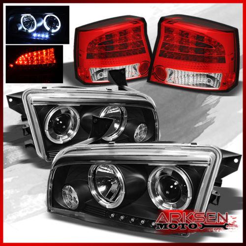 09-10 charger dual halo projector black headlights+ red clear led tail lights