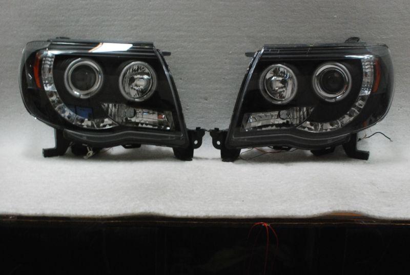 05-11 toyota tacoma pickup black dual ccfl halo projector led strip headlights