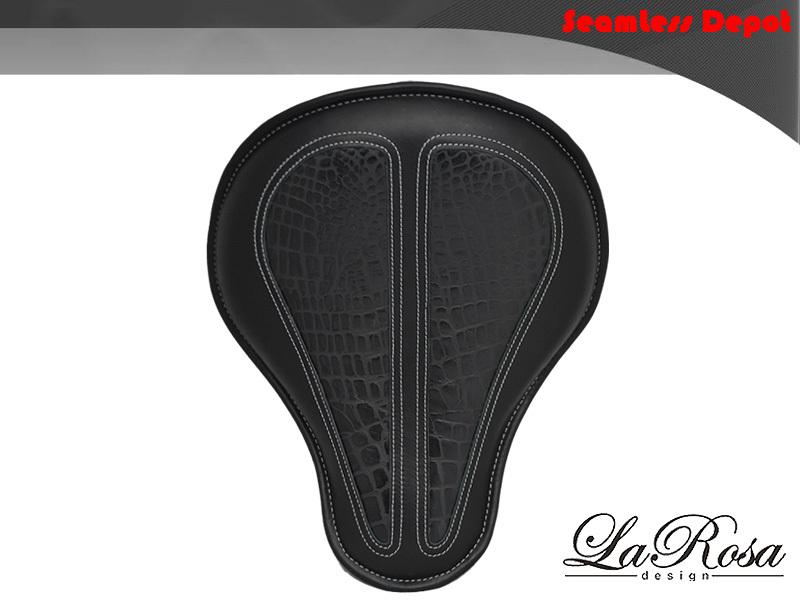 Larosa black leather harley softail bobber rigid seat w/ black alligator inlay