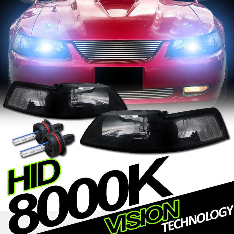 Clear reflector 99-04 mustang jdm black housing cobra style headlights+8000k hid