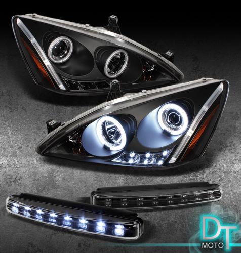 Drl led bumper fog lamps+03-07 accord ccfl dual halo black projector head lights