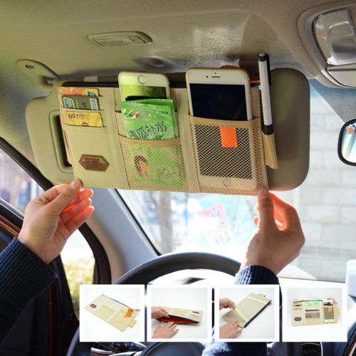 Car sun visor tidy storage bag paper tissue box cd case grid card bag  beige