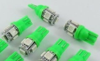 Auto instrument panel green led bulbs #194 (t10 base)  (pack of 5 new bulbs)