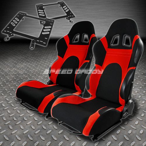 Pair type-6 reclining black red woven racing seat+bracket for 79-98 mustang3g