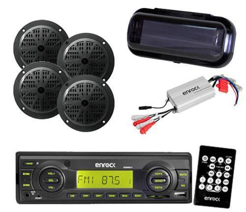 New enrock black marine radio usb input 4x 4&#034; black speakers w/amp cover &amp;remote