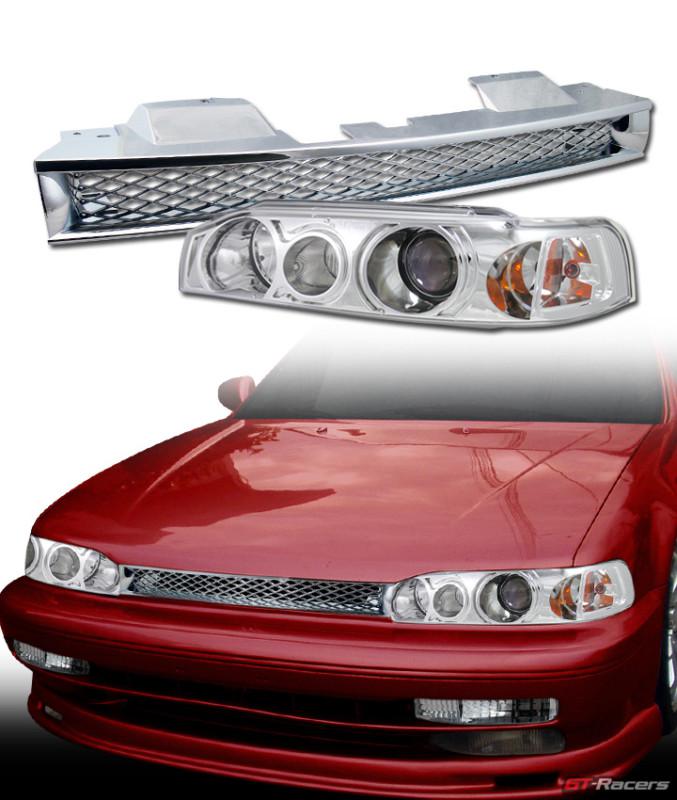 Chrome projector head lights lamp+t-r mesh hood bumper grill grille 90-91 accord