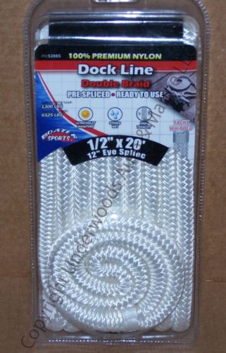 White dock line 1/2&#039;&#039; x 20&#039; double braid nylon boat w/loop docking boating