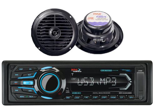 2 black 6.5&#034; 120w marine speakers &amp; boss marine bluetooth usb ipod aux receiver