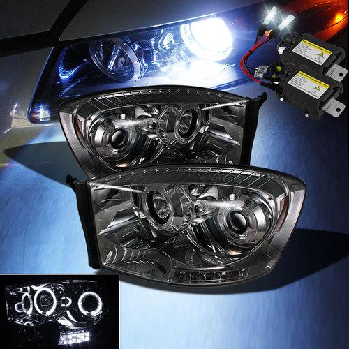 Slim 6000k xenon hid+smoked 06-08 ram halo led projector headlights head lights