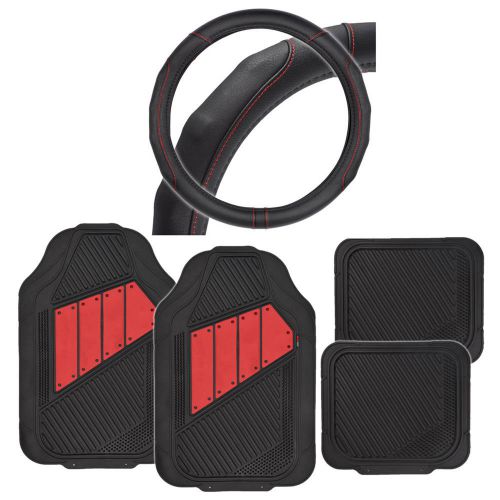 Motor trend rubber floor mats black/red 2tone + comfy grip steering wheel cover