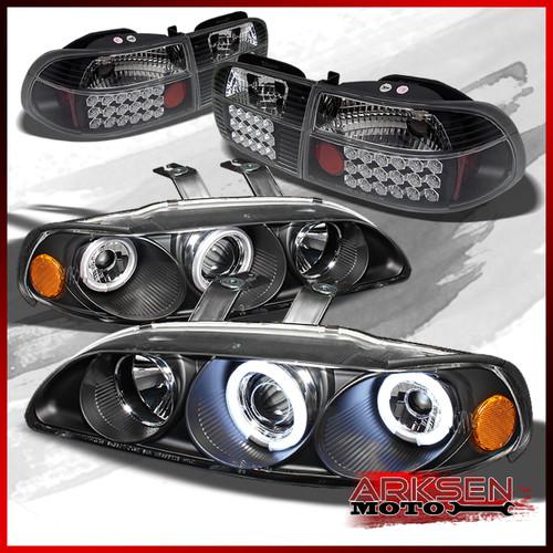 92-95 civic 2 door black ccfl halo projector headlights+black led tail lights