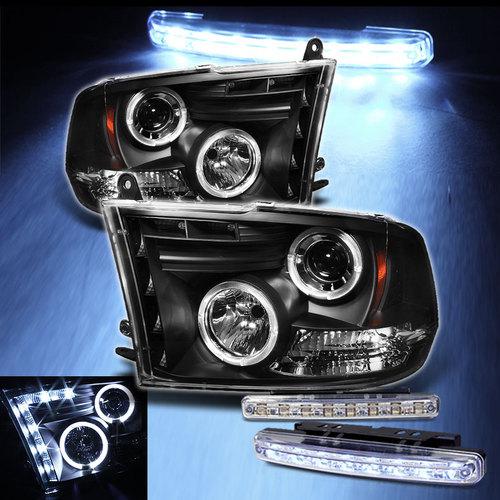 Led bumper fog+09-13 ram dual halo led projector headlights black head lights