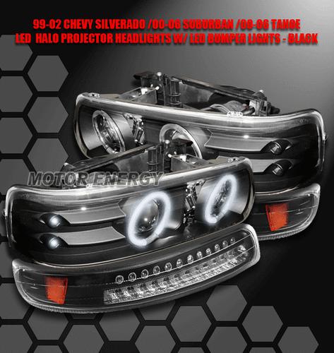 1999-2006 silverado tahoe suburban halo led projector headlight+bumper black set