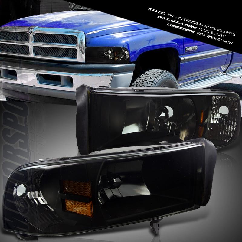 1994-2001 dodge ram 1500 2500 smoke headlights black lamps front euro pair set