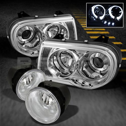 05-08 chrysler 300 dual halo projector led headlights+clear fog lamps w/switch