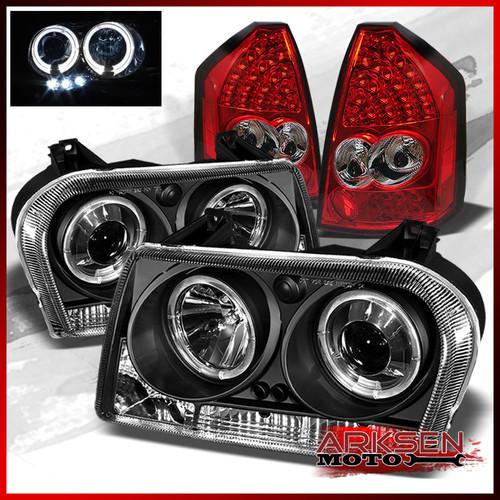 05-07 c300 ccfl black halo led projector headlights+red led tail lights set