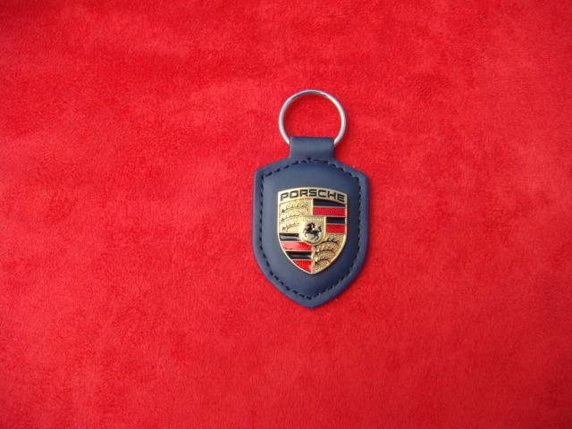 Porsche blue leather gold crest  keychain keyfob key ring key chain ships fast !