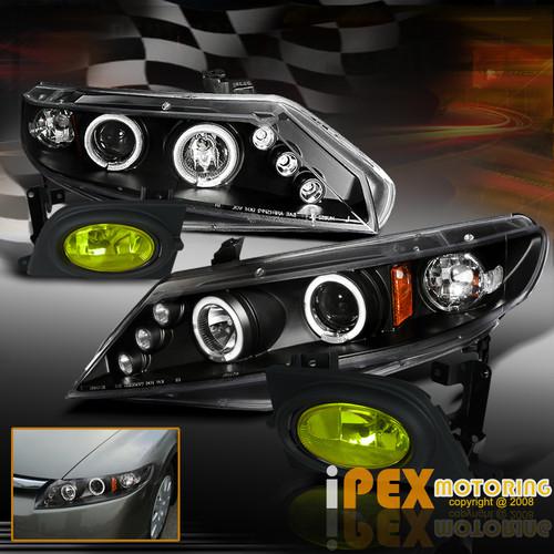 Honda civic 4 door jdm black halo led projector head light w/ yellow fog lamps