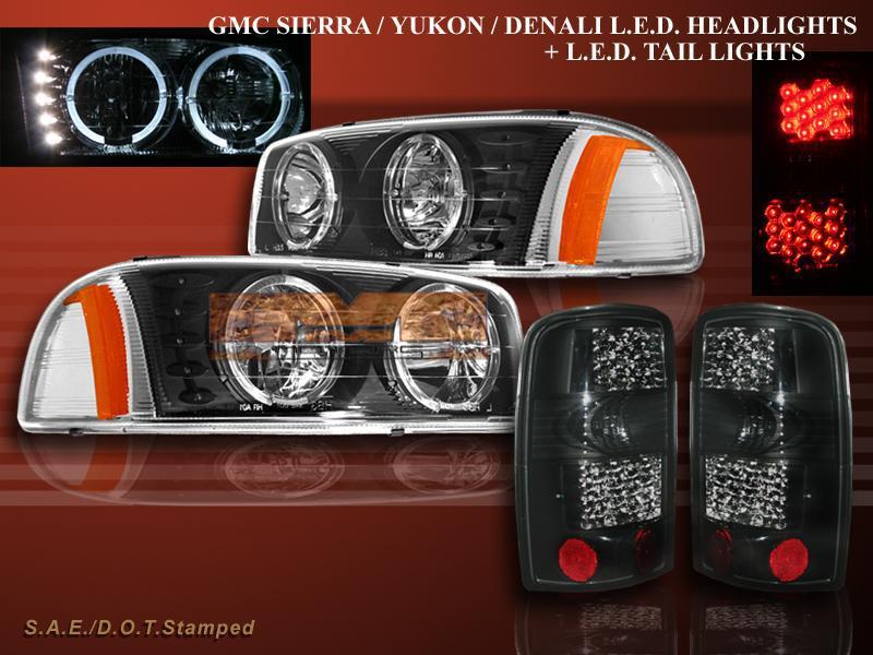 00-06 gmc yukon xl 1500/2500 black halo headlights + dark smoke led tail lights