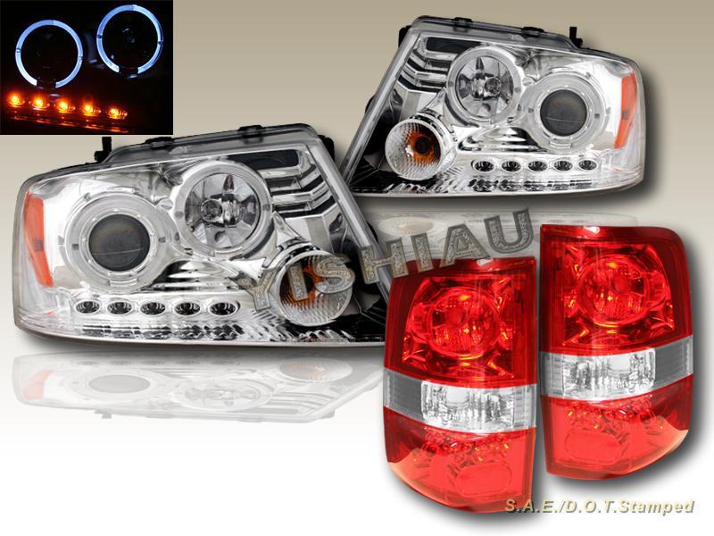 04-08 ford f-150 halo projector headlights clear + led / tail lights red housing